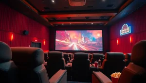 ดูหนัง ในโรงภาพยนตร์ที่ตกแต่งอย่างหรูหรา มีบรรยากาศอบอุ่นและเต็มไปด้วยสีสัน