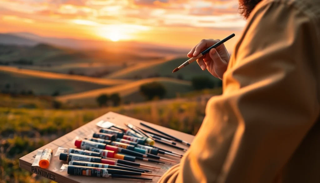 Painting process of a vibrant landscape with hills and sunset, showcasing an artist’s creative approach.