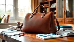 Handtasche für Schulen auf einem Schreibtisch, umgeben von Schulmaterialien und natürlichem Licht.