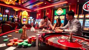 situs bangsawan88 engaging casino atmosphere featuring poker chips and players at the table