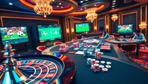 Engaging sports betting action on a situs bola online with roulette, chips, and players immersed in football games.