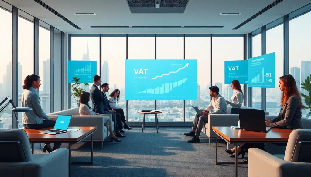 VAT Services in UAE consulting session with diverse financial experts in a modern Dubai office.