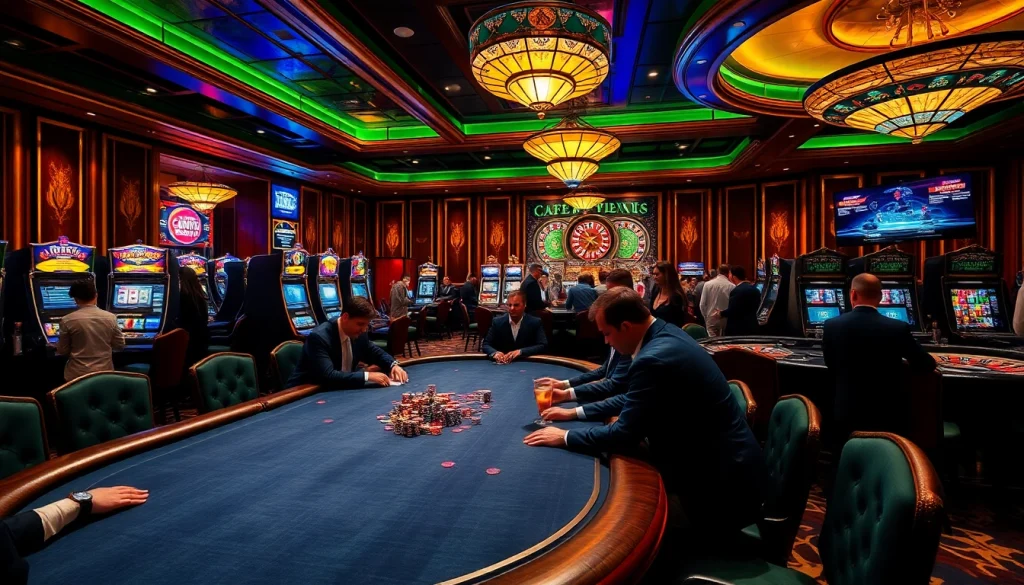 Scène captivante de jeux excitants dans un casino fiable en ligne, mettant en vedette des joueurs de poker et des machines à sous vibrantes.