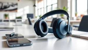 Showcase the Bone X1 Bone Conduction Headphones in a modern workspace setting.