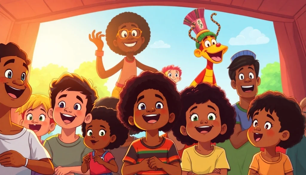 Kids joyfully watching African American cartoons, showcasing diverse characters and vibrant animation styles.