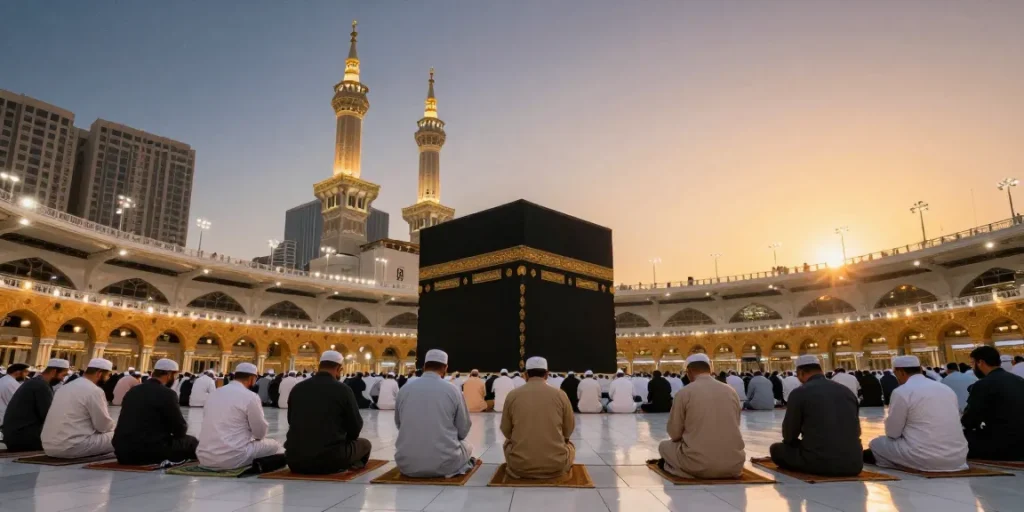 A vibrant scene showcasing umroh full ramadhan at the Kaaba, cultural tourism experience in Makkah, pilgrims engaged in sacred prayers.