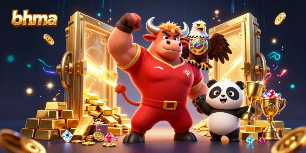 bhma showcases an exciting victory scene with mascots celebrating wins in a vibrant casino setting.